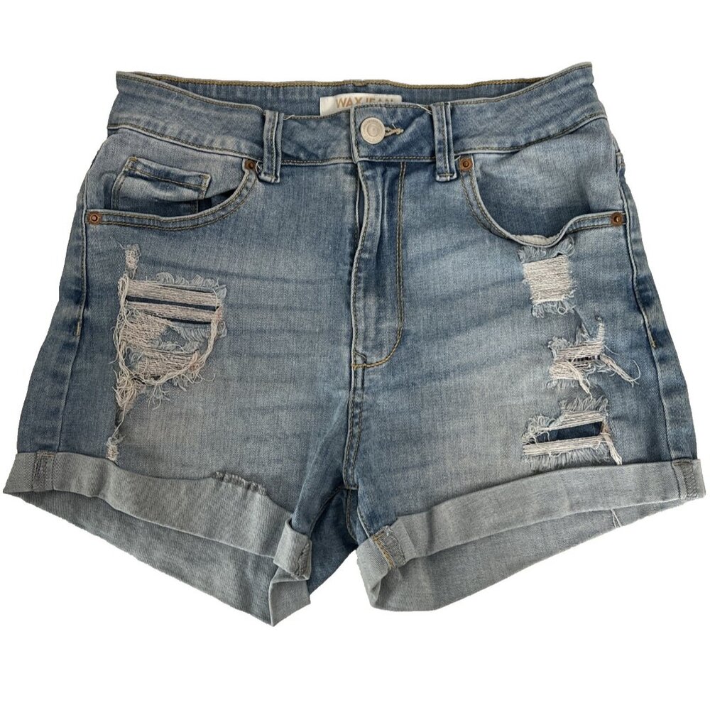 Wax Jean Women's Short Shorts Distressed Cuffed Size Medium Blue Denim Stretch‎